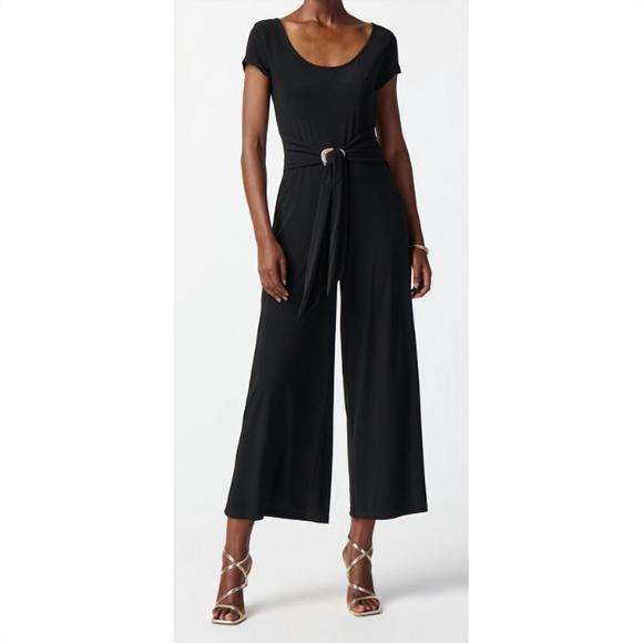 Silky Knit Culotte Jumpsuit With Gold Zipper- Black